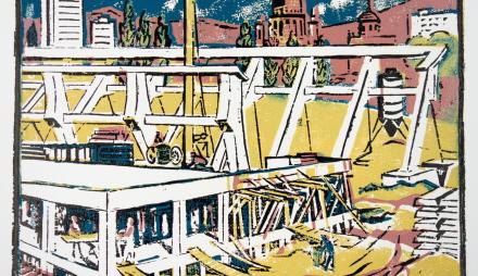 Paul August,Bau der Schwimmhalle, 1971 Siebdruck