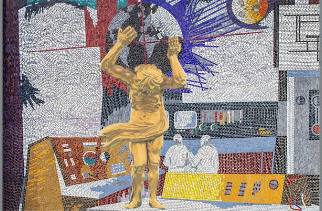 Collage Mosaik vom Rechenzentrum mit der Figur des goldenen Atlas vom Asten Rathaus