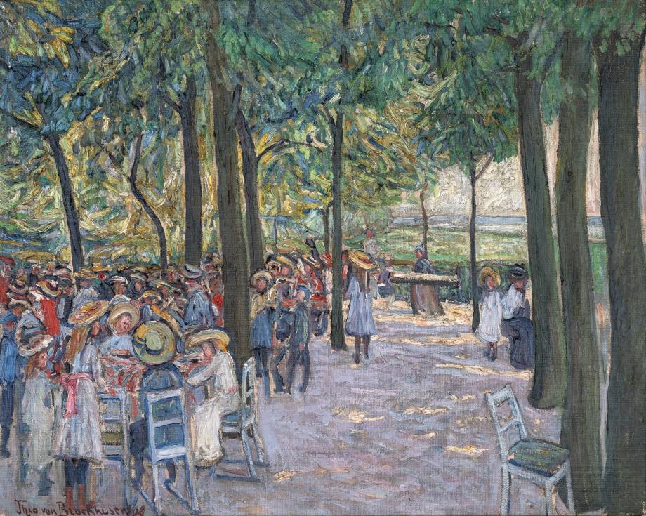 Painting of a school trip at a restaurant between trees.