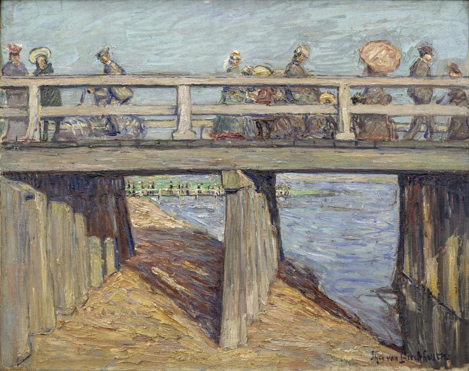 Painting of a wooden bridge by the sea with people walking on it.