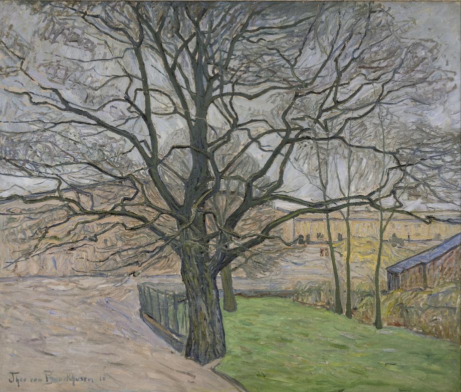 Painting of a big tree without leaves infront of a manor in Seelow