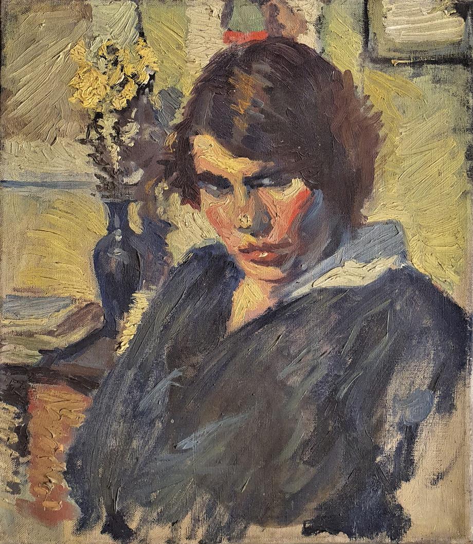 Otto Hundt, Bildnis einer jungen Frau mit Blumenvase, Otto Hundt, Bildnis einer jungen Frau mit Blumenvase,