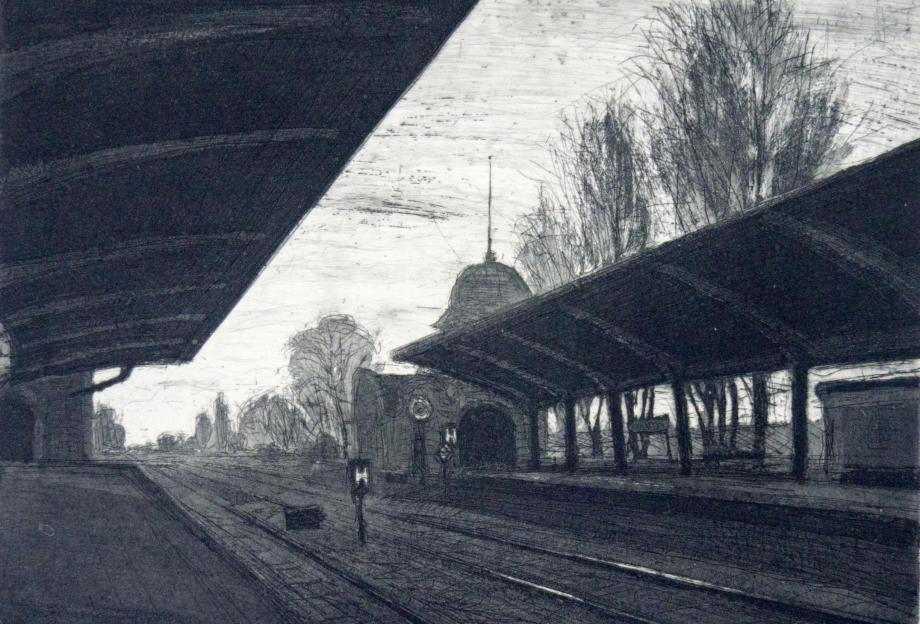 Manfred Butzmann, Bahnhof Potsdam West, 1975 Aquatinta-Radierung Manfred Butzmann, Bahnhof Potsdam West, 1975 Aquatinta-Radierung