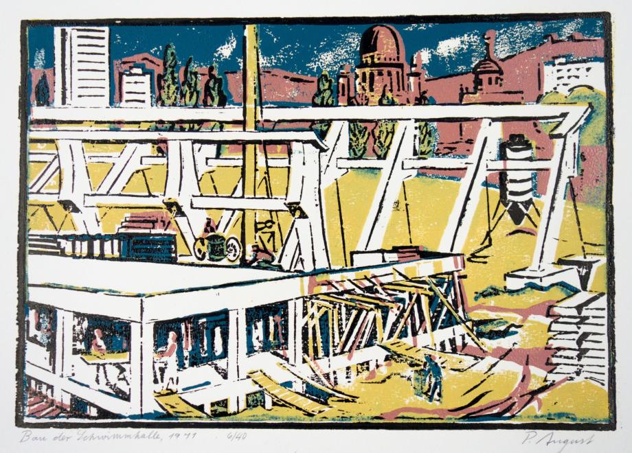 Paul August,Bau der Schwimmhalle, 1971 Siebdruck
