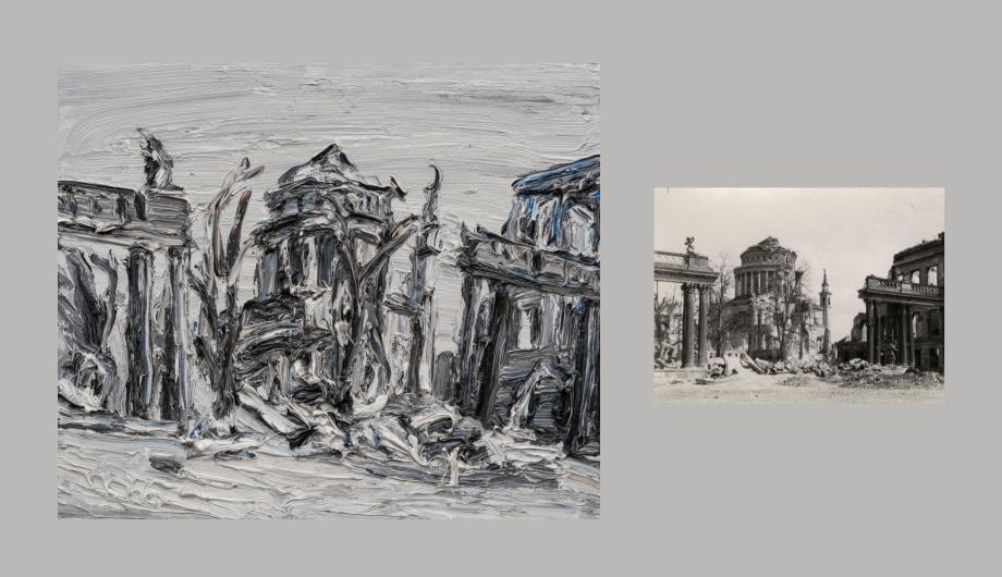 links Christopher Lehmpfuhl: Ruine Nikolaikirche (1946) 2026, Öl auf Leinwand © VG Bild Kunst Bonn 2026 / rechts Foto: Hans Weber: 1946, Gelatinesilberpapier, Sammlung Potsdam Museum