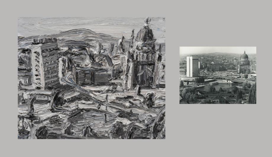 links Christopher Lehmpfuhl: Blick vom Brauhausberg auf das Stadtzentrum (1970) 2026, Öl auf Leinwand © VG Bild Kunst Bonn 2026 / rechts Foto um 1970, Sammlung Potsdam Museum