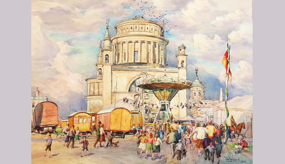 Gemälde von Otto Heinrich: Rummel vor der zerstörten Nikolaikirche, 1951