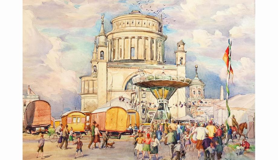 Otto Heinrich, Rummel vor der zerstörten Nikolaikirche, 1951, Aquarell