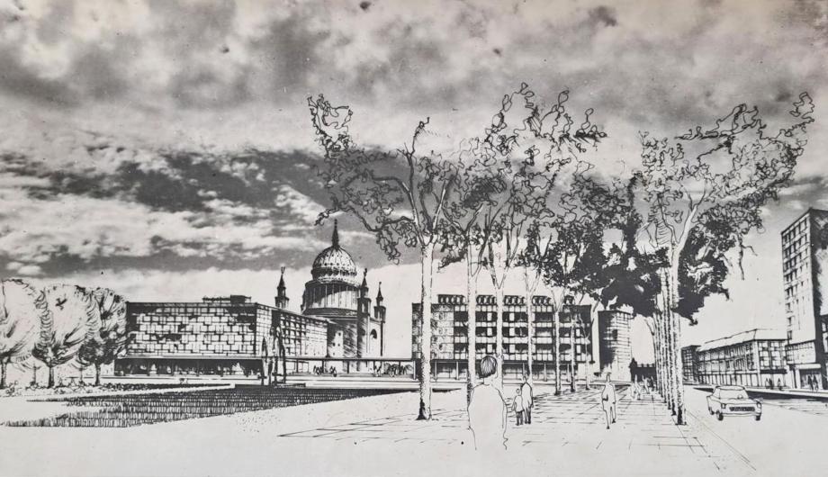 Eine Grafische Zeichnung einer Stadtentwicklungsidee mit Blick vom Platz der Einheit Richtung Süden auf den sogenannten Bauabschnitt I., um 1970