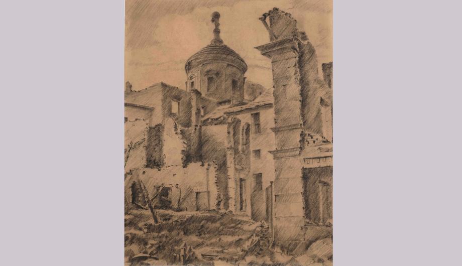 Egon von Kameke, Blick auf zerstörte Alte Rathaus durch Ruinen in der Straße Am Alten Markt, Brauerstr., 1945 