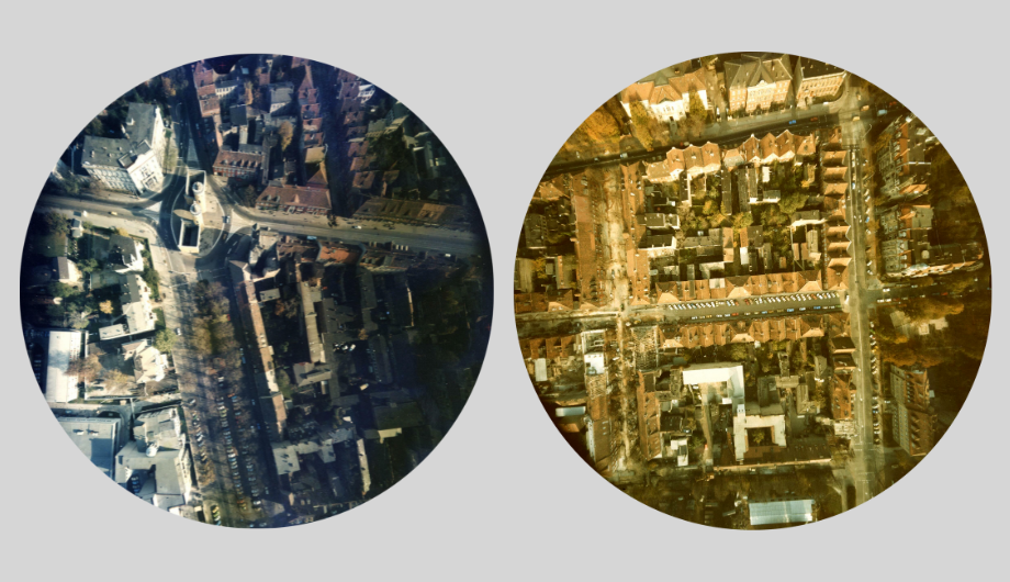 2 runde Fotografien; links ein Luftbild vom Nauener Tor, 1987; recht ein Luftbild vom Holländischen Viertel, 1987