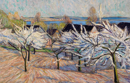 Impressionistisches Bild mit Kirschbäumen mit reichlich Blüten