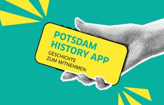 Stilisierte Hand hält ein Handy (gezeichnet) mit Inschrift "Potsdam History App"