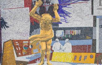 Collage mit Atlasfigur im Mosaik des Rechenzentrums