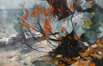 Gemäldeausschnitt mit herbstlicher Landschaft