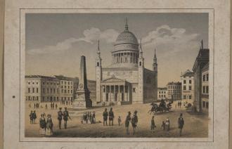 Sonnenschein, Blick auf die Nikolaikirche auf dem Alten Markt, um 1855, Farblithografie, mit Deckweiß gehöht © Potsdam Museum,