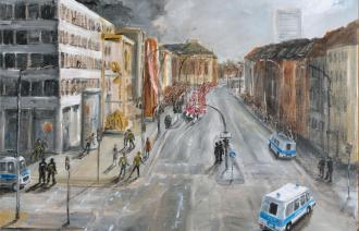 Aufmarsch zum Baubeginn, 2017 Öl auf Leinwand Dauerleihgabe, Privatbesitz © Potsdam Museum – Forum für Kunst und Geschichte,