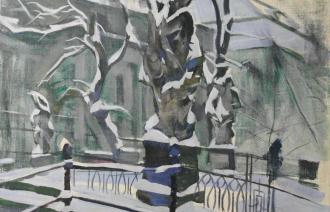 Otto Heinrich, Verschneite Laternenträger der Breiten Brücke in Potsdam,