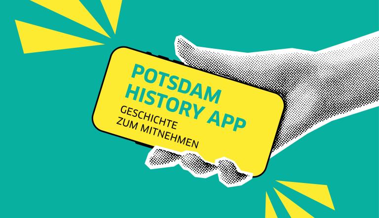 Stilisierte Hand hält ein Handy (gezeichnet) mit Inschrift "Potsdam History App"