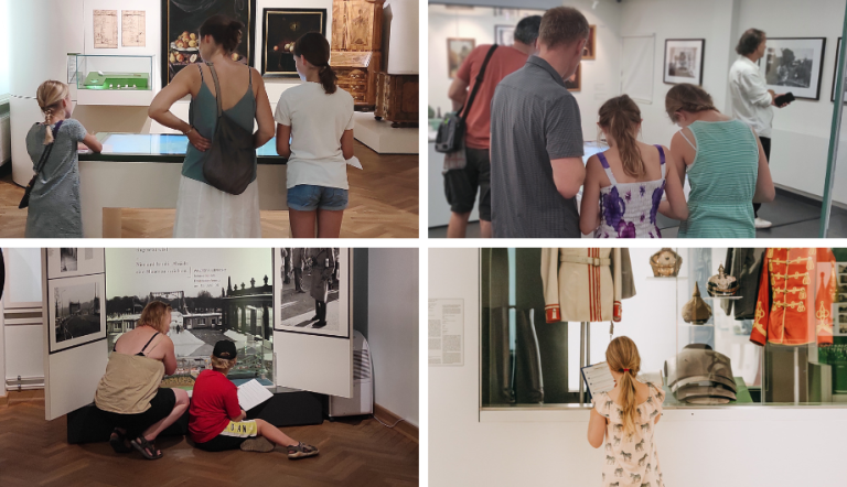 Eine Collage mit 4 Bildern mit Kindern in den Ausstellungen