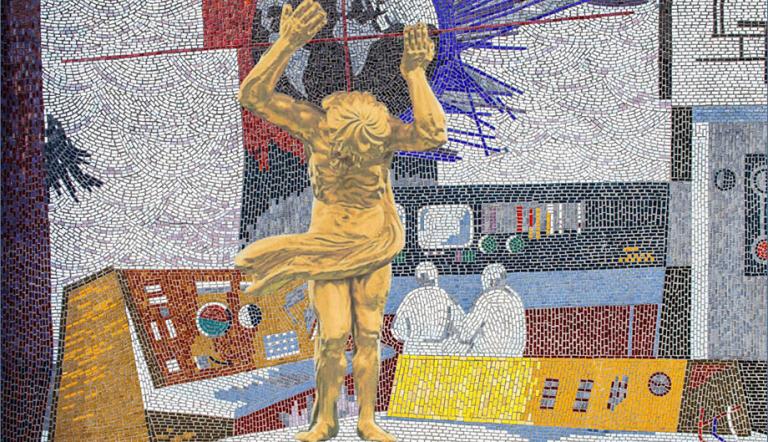 Collage mit Atlasfigur im Mosaik des Rechenzentrums