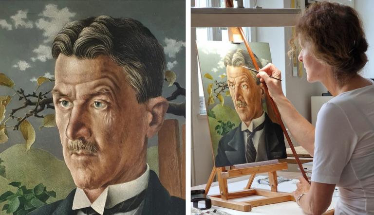 Heinrich Basedow d.J, Oberstudienrat Prof. Walther Schmidt, 1932 und Restauratorin G. Jemlich bei der Arbeit an dem Bild