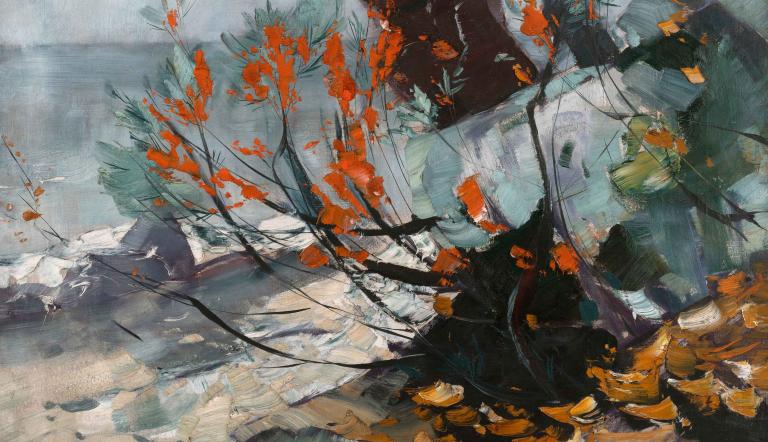 Karl Hagemeister, Sanddorn an der Steilküste bei Lohme (Rügen), 1915 Öl auf Leinwand, Ausschnitt Gemäldeausschnitt mit herbstlicher Landschaft