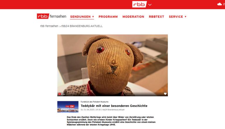 Screenshot der rbb-TV-Anzeige zum Kurzbericht über den Teddy in der Museumssammlung