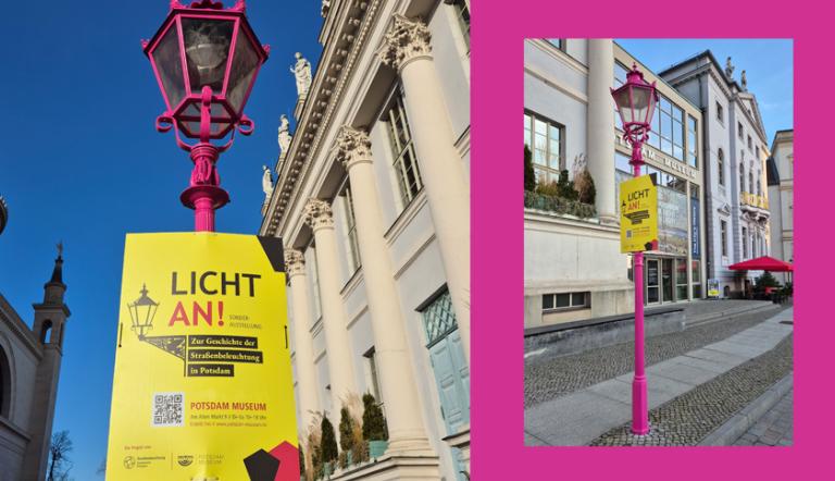 Magenta gefärbte historische Laterne vor dem Potsdam Museum - am Alten Markt