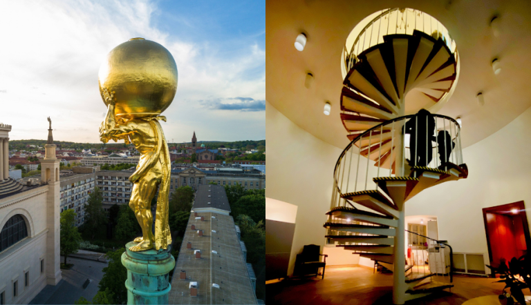 links: Der Atlas auf dem Alten Rathaus. rechts: Die Wendeltreppe in den Turm.