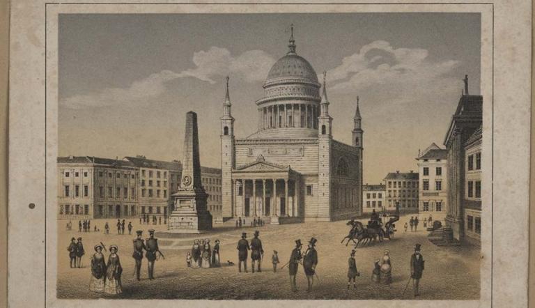 Sonnenschein, Blick auf die Nikolaikirche auf dem Alten Markt, um 1855, Farblithografie, mit Deckweiß gehöht © Potsdam Museum, Sonnenschein, Blick auf die Nikolaikirche auf dem Alten Markt, um 1855, Farblithografie, mit Deckweiß gehöht © Potsdam Museum,