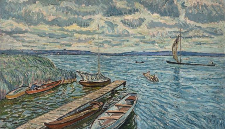 Theo von Brockhusen, Kähne auf dem Schwielowsee, um 1914, Öl auf Leinwand, 96 x 115,7 cm, Privatbesitz