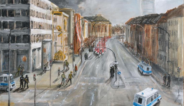 Aufmarsch zum Baubeginn, 2017 Öl auf Leinwand Dauerleihgabe, Privatbesitz © Potsdam Museum – Forum für Kunst und Geschichte, Aufmarsch zum Baubeginn, 2017 Öl auf Leinwand Dauerleihgabe, Privatbesitz © Potsdam Museum – Forum für Kunst und Geschichte,