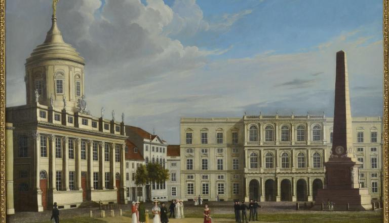 Johann Wilhelm Gottfried Barth, Der Alte Markt in Potsdam nach Südosten mit Altem Rathaus und Palast Barberini, 1823, 1950 lokal übermalt, 2016 rekonstruktive Überarbeitung der Übermalungen, Öl auf Leinwand