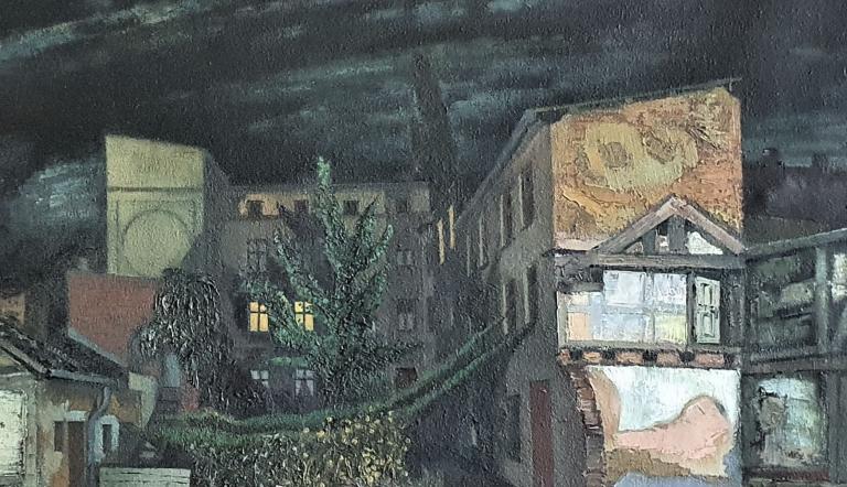 Ausschnitt - Peter Rohn, Mondnacht, Abrisshäuser Lennéstraße, 1966,  Öl auf Leinwand, © Potsdam Museum - Forum für Kunst und Geschichte