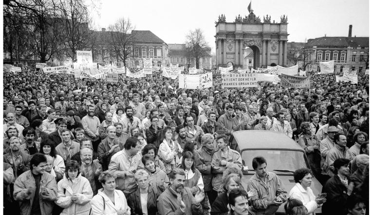 Demonstration auf dem Platz der Nationen (Luisenplatz) in Potsdam am 4.November 1989, Ausschnitt Demonstration auf dem Platz der Nationen (Luisenplatz) in Potsdam am 4.November 1989, Ausschnitt