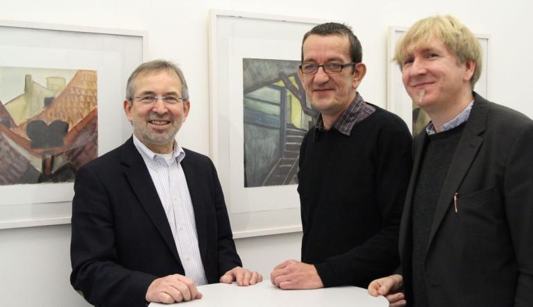 Horst Müller-Zinsius, Geschäftsführer ProPotsdam, Bernd Krenkel, Künstler und Hannes Wittenberg, stellv. Direktor des Potsdam Museums beim Pressetermin zur Übergabe der Dauerleihgabe,