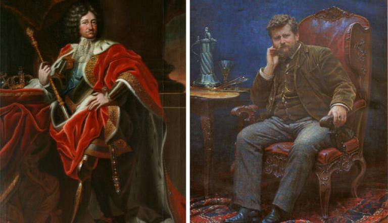 LINKS J.F. Wentzel (vermutl.), Porträt Friedrich I. in Preußen, 1701 - RECHTS G. Sassnick, Porträt Fritz Rumpf, 1896 , Foto: M. Lüder, Lizenz: © Potsdam Museum