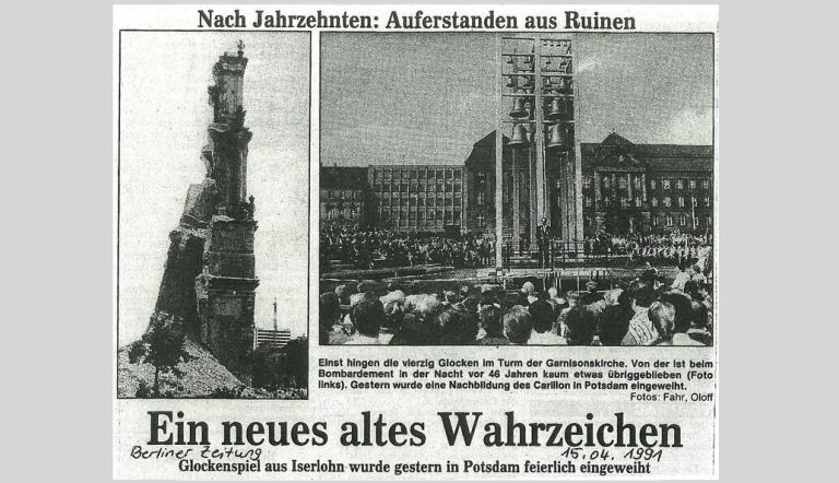 Artikel der Berliner Zeitung zur feierlichen Einweihung des Iserlohner Glockenspiels auf der Plantage in Potsdam, 15.04.1991., Foto: LHP, Lizenz: LHP