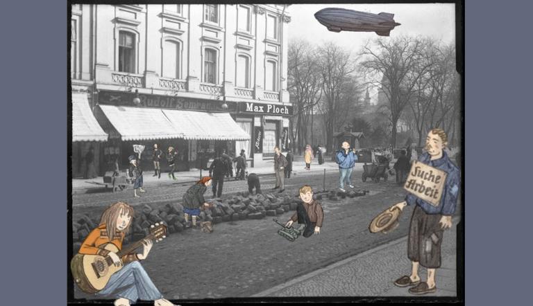 Potsdam, Wilhelmplatz 20 / Ecke Nauener Straße, 1907, Foto: Städtische Lichtbildstelle Potsdam, ergänzt mit Illustrationen von Gerda Raidt aus dem Kinderbuch: Die Straße, Beltz & Gelberg, Lizenz: Städt. Lichtbildstelle Potsdam