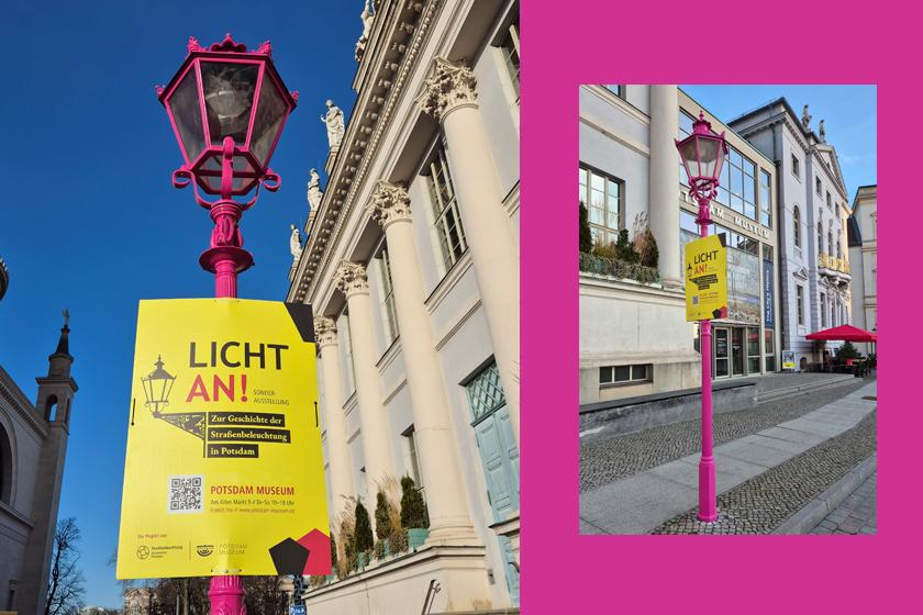 Magenta gefärbte historische Laterne vor dem Potsdam Museum - am Alten Markt