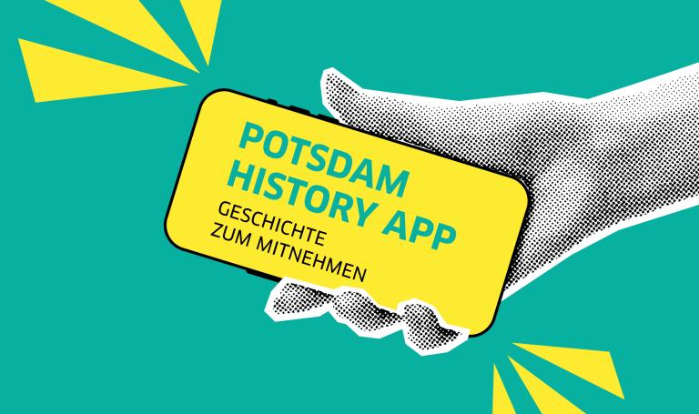 Stilisierte Hand hält ein Handy (gezeichnet) mit Inschrift "Potsdam History App"