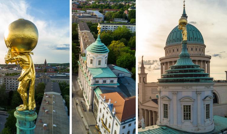 Collage aus Bildern mit dem Goldenen Atlas und der Kuppel der Nikolakirche